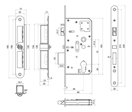 Zadlabací samozamykací zámok RICHTER s panikovou funkciou „E“, pre kovanie gule/kľučka.Z.302-SZ.PA.KO.72/55/20.PL